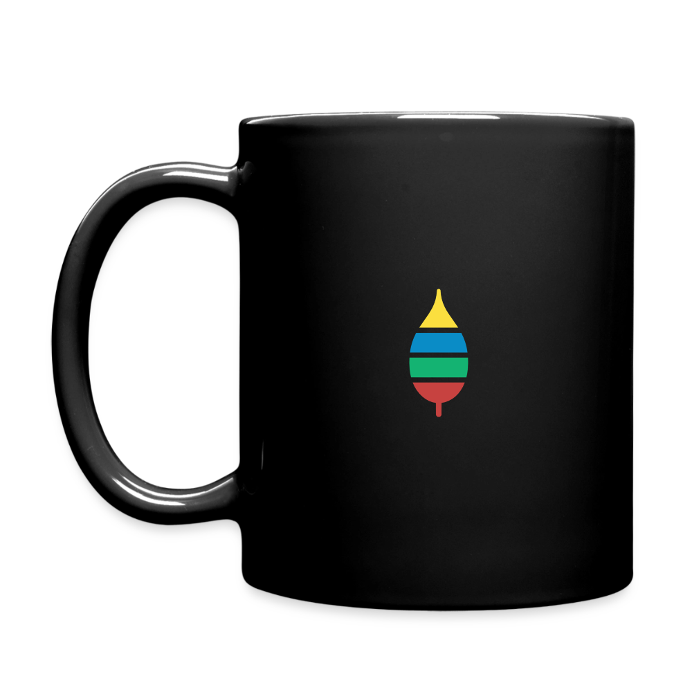 Schwarze Tasse nachtfeder – bunte Feder auf der Rückseite