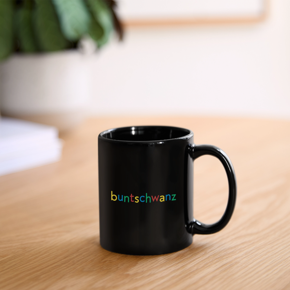 Schwarze Tasse nachtfeder – Schriftzug buntschwanz, Henkel rechts