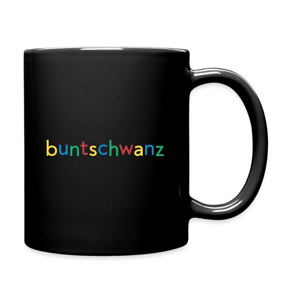 Schwarze Tasse nachtfeder – Schriftzug buntschwanz in vier Federfarben