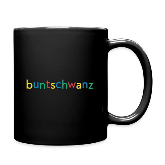 Schwarze Tasse nachtfeder – Schriftzug buntschwanz in vier Federfarben