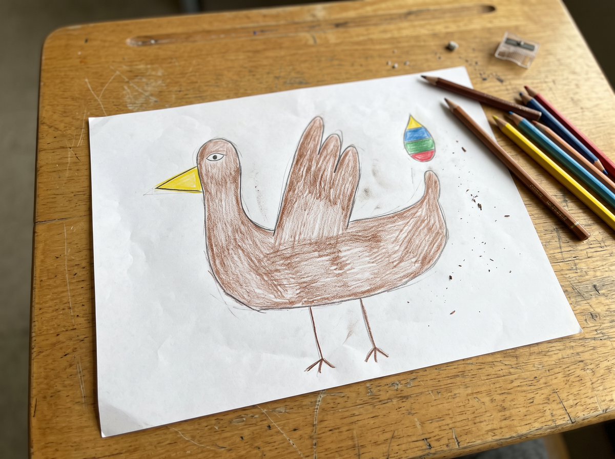 Der erste Buntschwanz – Buntstiftzeichnung auf einer Schulbank