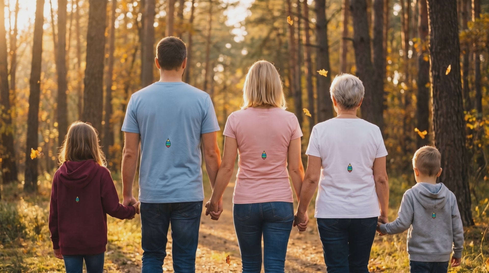 Familie von hinten im Herbstwald, alle tragen buntschwanz-Shirts und -Hoodies mit der bunten Feder auf dem Rücken (KI-generierte Szene)